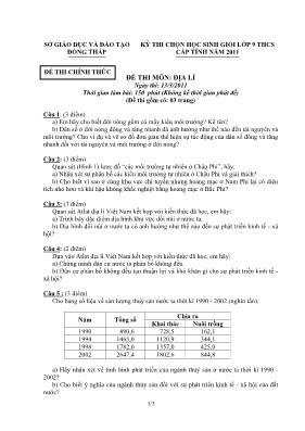 Kỳ thi chọn học sinh giỏi lớp 9 thcs cấp tỉnh năm 2011 đề thi môn địa lí